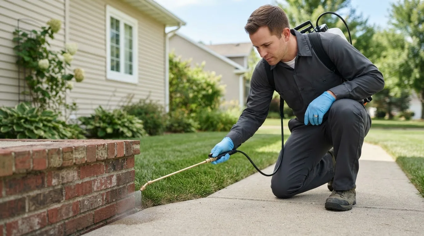 Pest control technician treating a home near Cheshire, OR